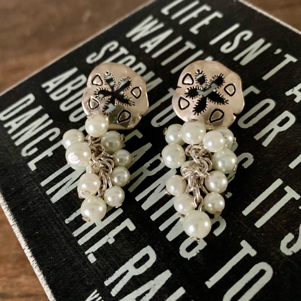 Silver Sand Dollar & Freshwater Pearl Cluster Dangle Earrings